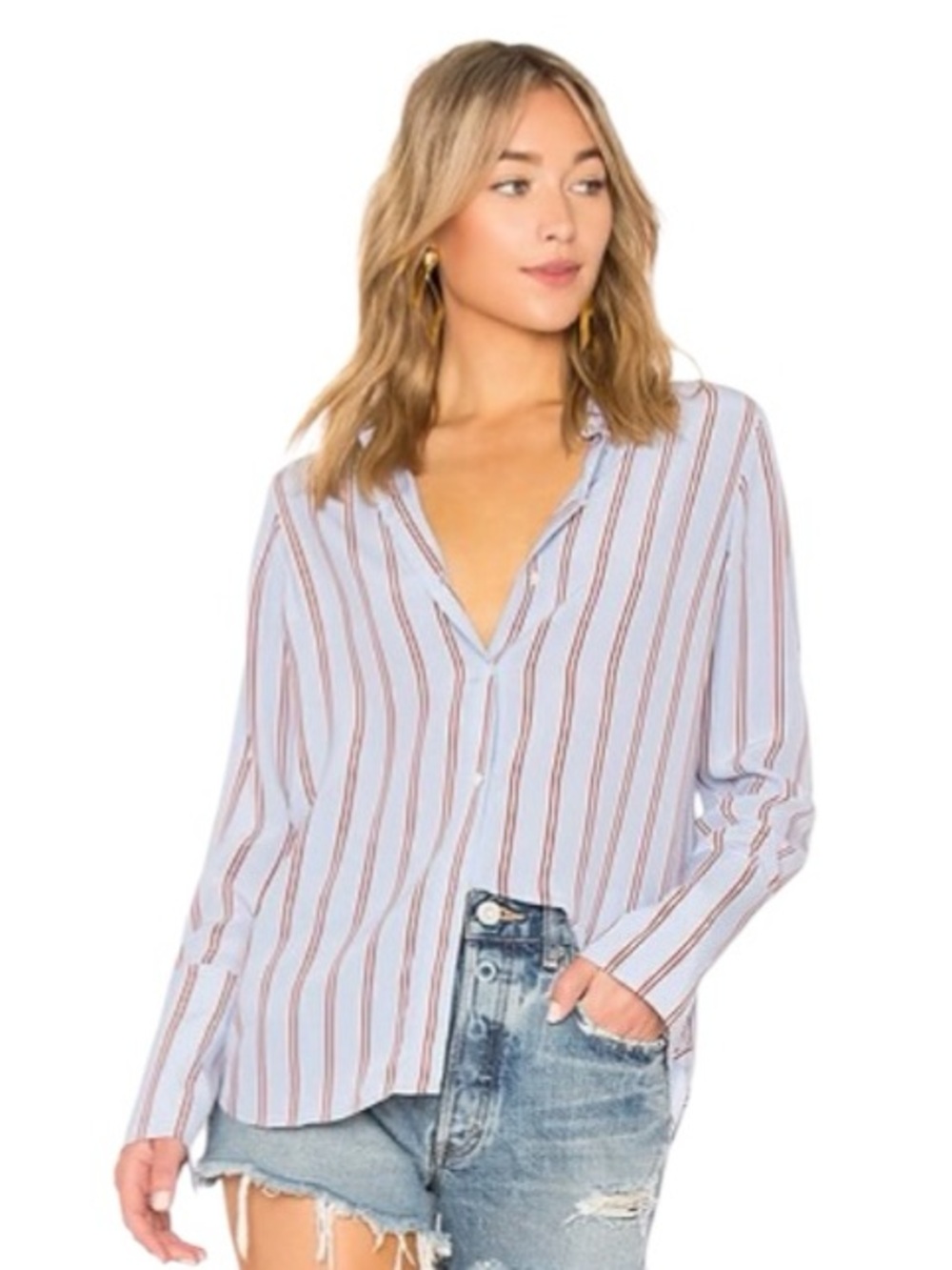 Frame Long Cuff Striped Silk Pajama Blouse